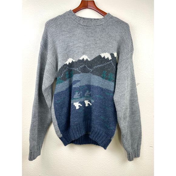 Vintage Mervyns Mens Sweater Sz M Wool Chunky Cabin Oversized Novelty Mountains - Picture 1 of 11